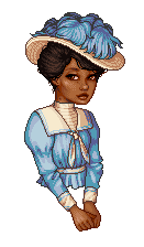 pixel portrait, waist up, of a black victorian lady wearing a mutton-sleeve nautical blouse in sky blue with cream collar and cuffs, her dark brown hair swept up under a big straw hat with an explosion of deeper blue feathers on top, her hands are clasped demurely in front of her, and she looks slyly at the viewer with a half-smile on her lips